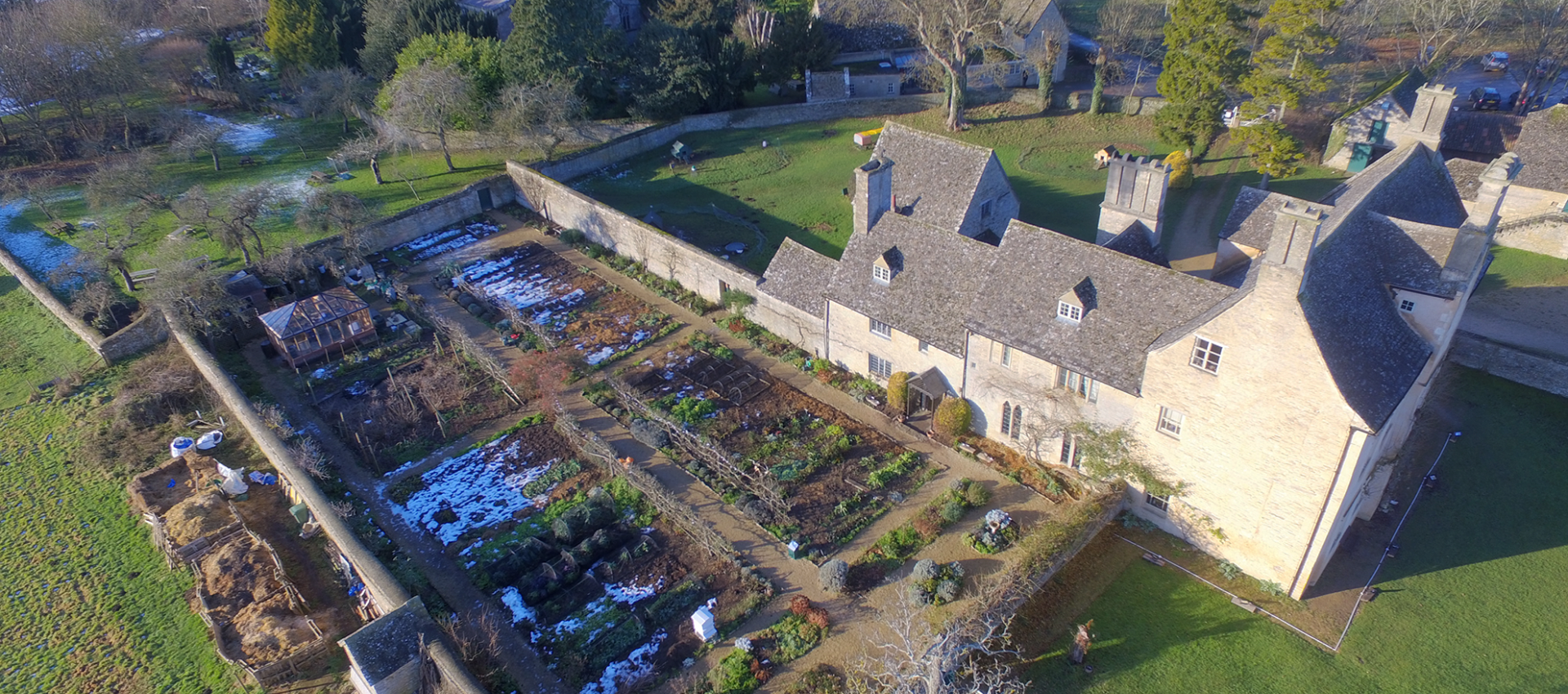 Drone aerial shot of Cogges manor farm 